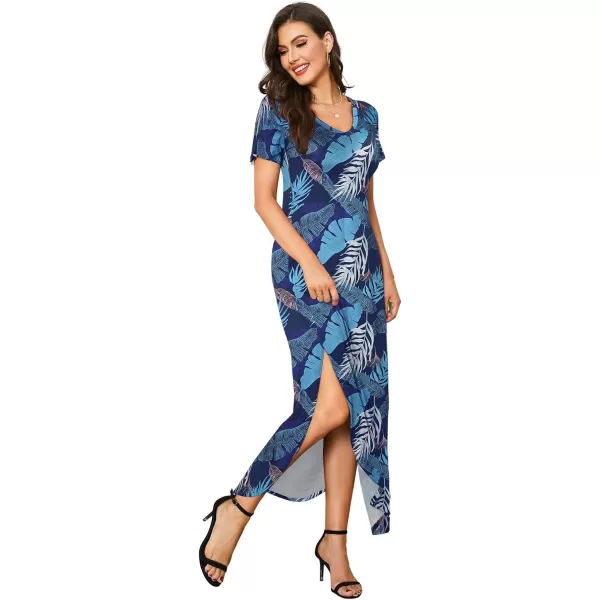 Arolina Womens Summer Maxi Dress Short Sleeve V Neck Casual Loose Long Beach Split Dresses with PocketsLeafy Blue