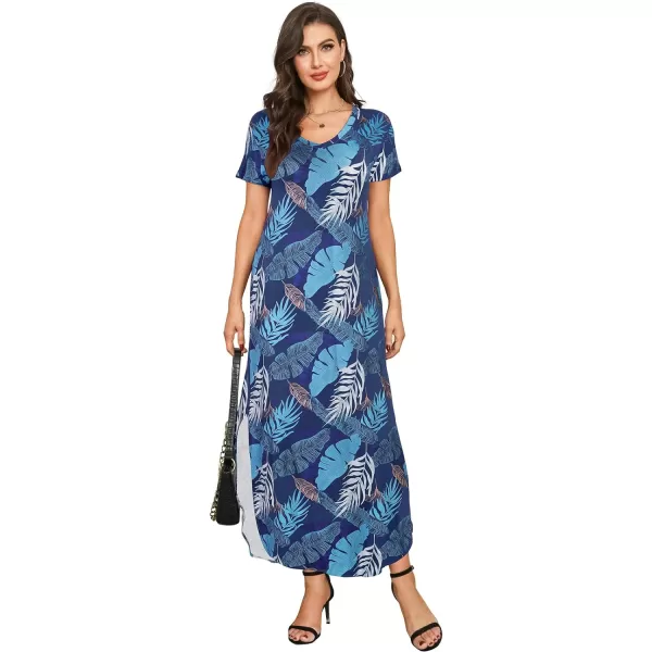 Arolina Womens Summer Maxi Dress Short Sleeve V Neck Casual Loose Long Beach Split Dresses with PocketsLeafy Blue