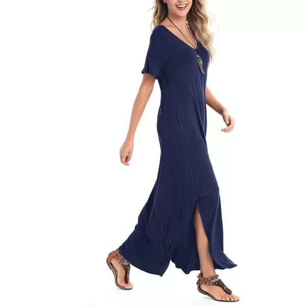 Arolina Womens Summer Maxi Dress Short Sleeve V Neck Casual Loose Long Beach Split Dresses with PocketsNavy Blue