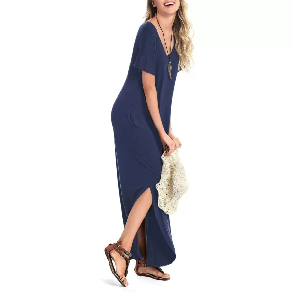 Arolina Womens Summer Maxi Dress Short Sleeve V Neck Casual Loose Long Beach Split Dresses with PocketsNavy Blue