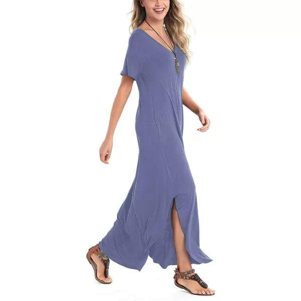 Arolina Womens Summer Maxi Dress Short Sleeve V Neck Casual Loose Long Beach Split Dresses with PocketsPurple Grey