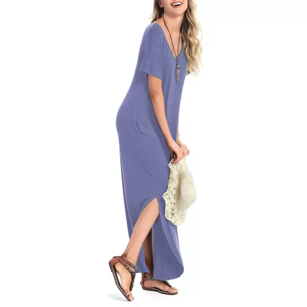 Arolina Womens Summer Maxi Dress Short Sleeve V Neck Casual Loose Long Beach Split Dresses with PocketsPurple Grey