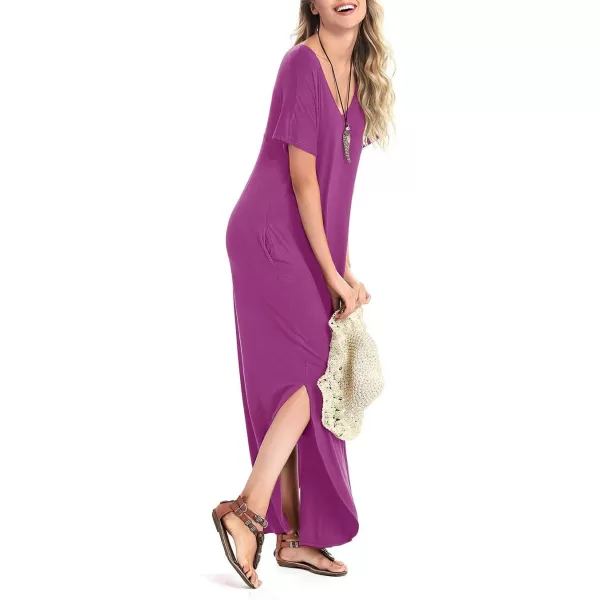 Arolina Womens Summer Maxi Dress Short Sleeve V Neck Casual Loose Long Beach Split Dresses with PocketsPurple Red