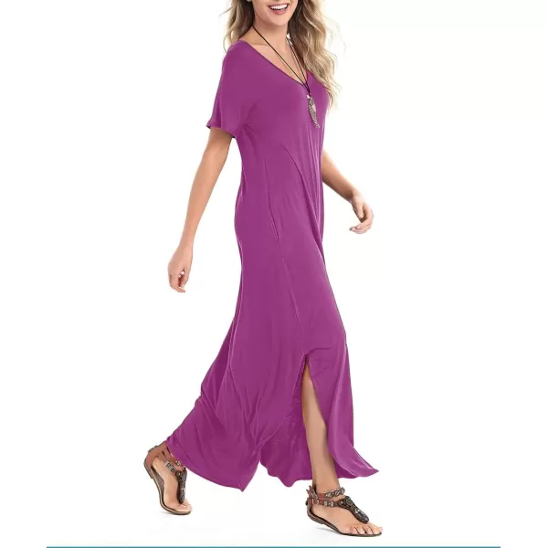 Arolina Womens Summer Maxi Dress Short Sleeve V Neck Casual Loose Long Beach Split Dresses with PocketsPurple Red