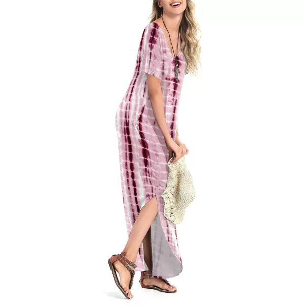 Arolina Womens Summer Maxi Dress Short Sleeve V Neck Casual Loose Long Beach Split Dresses with PocketsPurple1