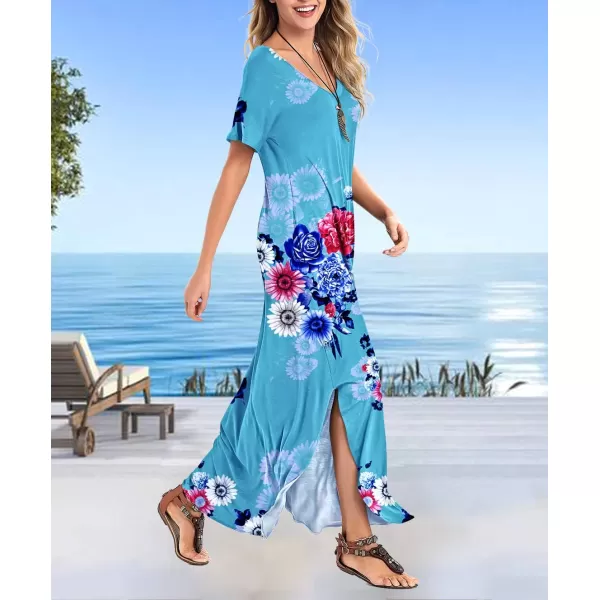 Arolina Womens Summer Maxi Dress Short Sleeve V Neck Casual Loose Long Beach Split Dresses with PocketsSkyblue Flower