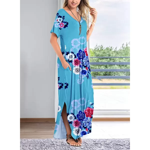 Arolina Womens Summer Maxi Dress Short Sleeve V Neck Casual Loose Long Beach Split Dresses with PocketsSkyblue Flower