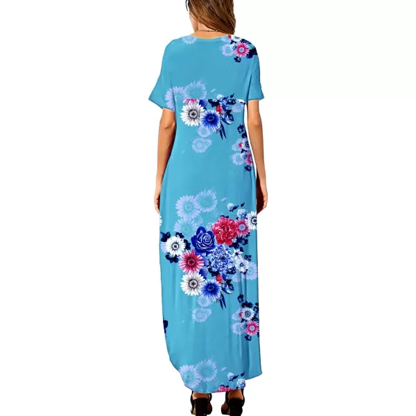 Arolina Womens Summer Maxi Dress Short Sleeve V Neck Casual Loose Long Beach Split Dresses with PocketsSkyblue Flower