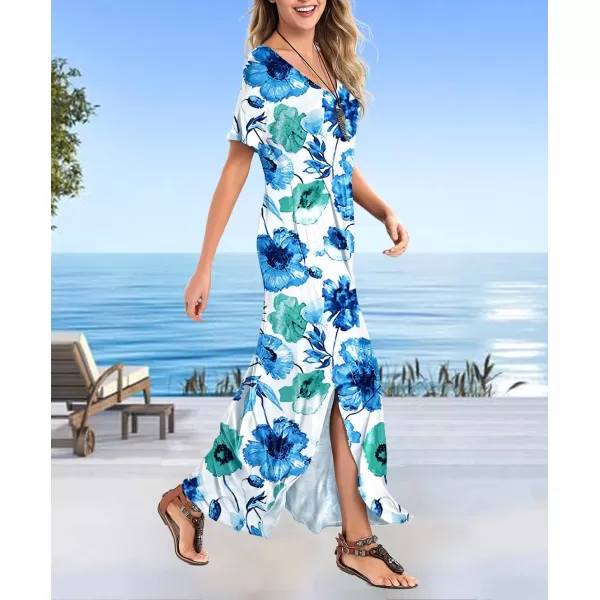 Arolina Womens Summer Maxi Dress Short Sleeve V Neck Casual Loose Long Beach Split Dresses with PocketsWhite Flower