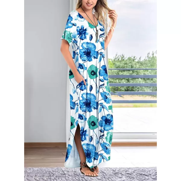 Arolina Womens Summer Maxi Dress Short Sleeve V Neck Casual Loose Long Beach Split Dresses with PocketsWhite Flower