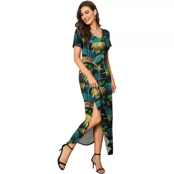 Arolina Womens Summer Maxi Dress Short Sleeve V Neck Casual Loose Long Beach Split Dresses with PocketsYellow Leafs