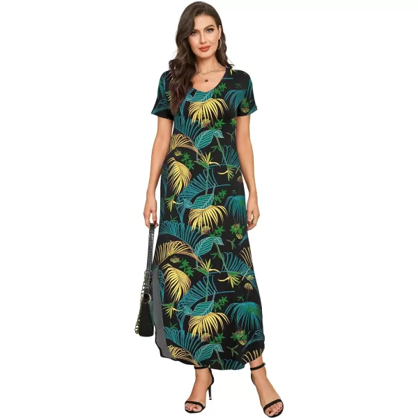 Arolina Womens Summer Maxi Dress Short Sleeve V Neck Casual Loose Long Beach Split Dresses with PocketsYellow Leafs