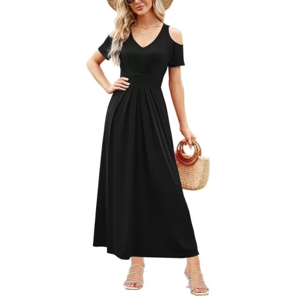 Arolina Cold Shoulder Maxi Dress for Women Summer V Neck Short Sleeve Casual Long Beach Dresses with PocketA Black