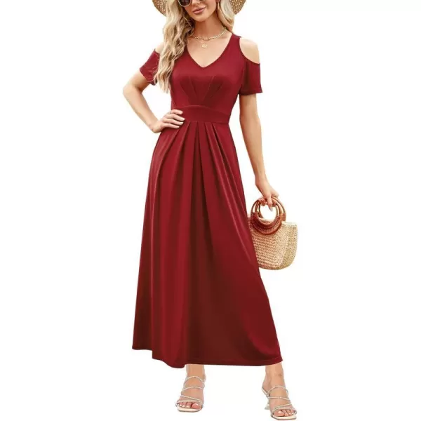 Arolina Cold Shoulder Maxi Dress for Women Summer V Neck Short Sleeve Casual Long Beach Dresses with PocketA Winered