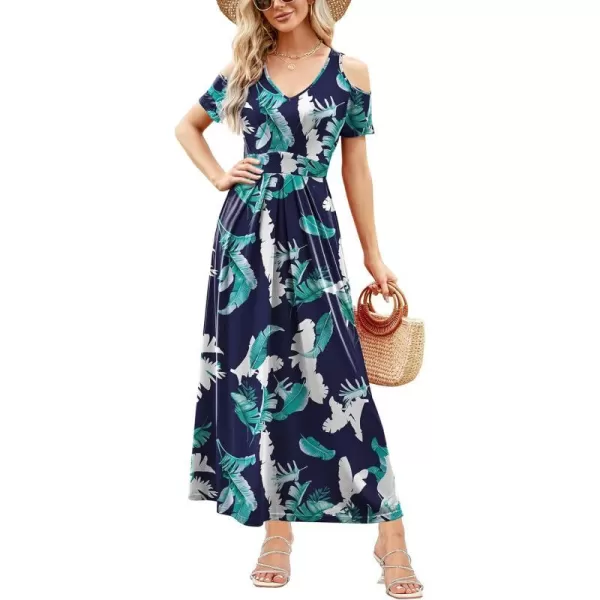 Arolina Cold Shoulder Maxi Dress for Women Summer V Neck Short Sleeve Casual Long Beach Dresses with PocketB Bluewhiteleaves