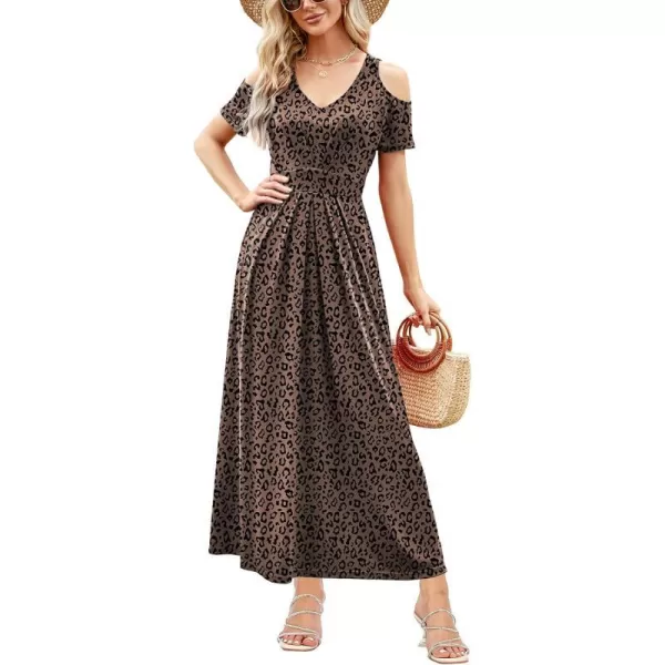 Arolina Cold Shoulder Maxi Dress for Women Summer V Neck Short Sleeve Casual Long Beach Dresses with PocketB Khakileopard