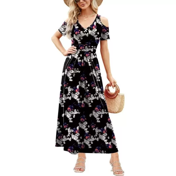 Arolina Cold Shoulder Maxi Dress for Women Summer V Neck Short Sleeve Casual Long Beach Dresses with PocketB Redwhiteflowers