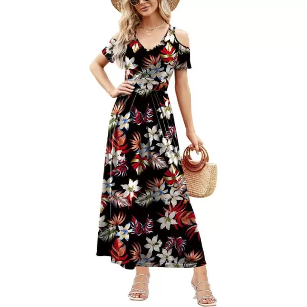 Arolina Cold Shoulder Maxi Dress for Women Summer V Neck Short Sleeve Casual Long Beach Dresses with PocketB Whiteflower