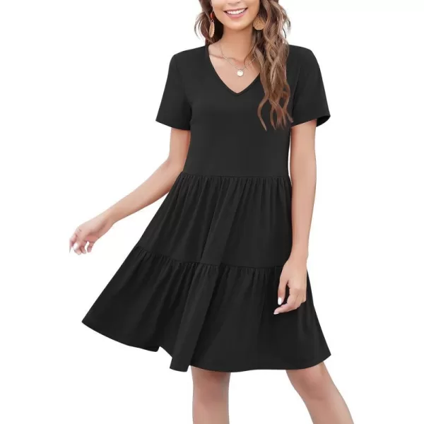 Arolina Womens Casual Swing Shift Dress Summer V Neck Short Sleeve Babydoll Ruffle Dress Tunic DressA Black