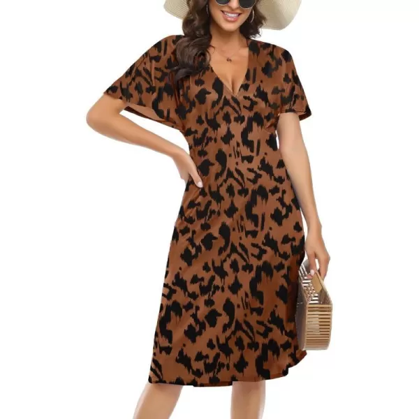 Arolina Womens Short Sleeve V Neck A Line Casual Summer Midi Dress Comfy Elastic Waist Party Dresses with PocketsBlackb Leopard