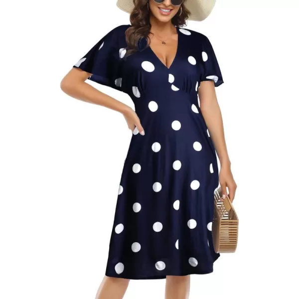 Arolina Womens Short Sleeve V Neck A Line Casual Summer Midi Dress Comfy Elastic Waist Party Dresses with PocketsBlue Dot