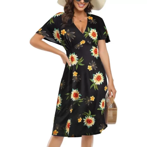 Arolina Womens Short Sleeve V Neck A Line Casual Summer Midi Dress Comfy Elastic Waist Party Dresses with PocketsSunnyflower