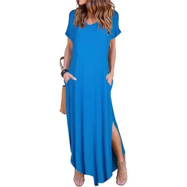 Arolina Womens Summer Maxi Dress Short Sleeve V Neck Casual Loose Long Beach Split Dresses with PocketsAcid Blue