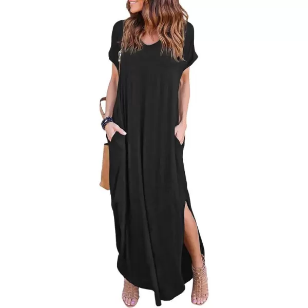 Arolina Womens Summer Maxi Dress Short Sleeve V Neck Casual Loose Long Beach Split Dresses with PocketsBlack