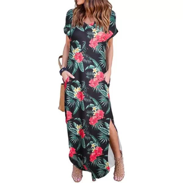 Arolina Womens Summer Maxi Dress Short Sleeve V Neck Casual Loose Long Beach Split Dresses with PocketsBlackredflower