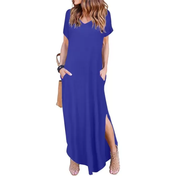 Arolina Womens Summer Maxi Dress Short Sleeve V Neck Casual Loose Long Beach Split Dresses with PocketsBlue