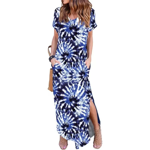 Arolina Womens Summer Maxi Dress Short Sleeve V Neck Casual Loose Long Beach Split Dresses with PocketsBlue Swirl Dye