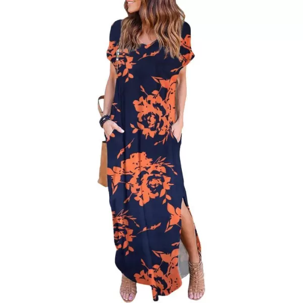 Arolina Womens Summer Maxi Dress Short Sleeve V Neck Casual Loose Long Beach Split Dresses with PocketsBluegold Flower