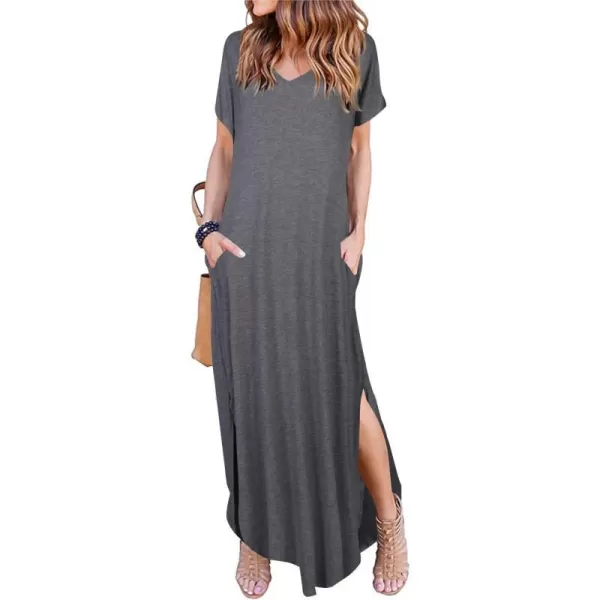 Arolina Womens Summer Maxi Dress Short Sleeve V Neck Casual Loose Long Beach Split Dresses with PocketsGrey