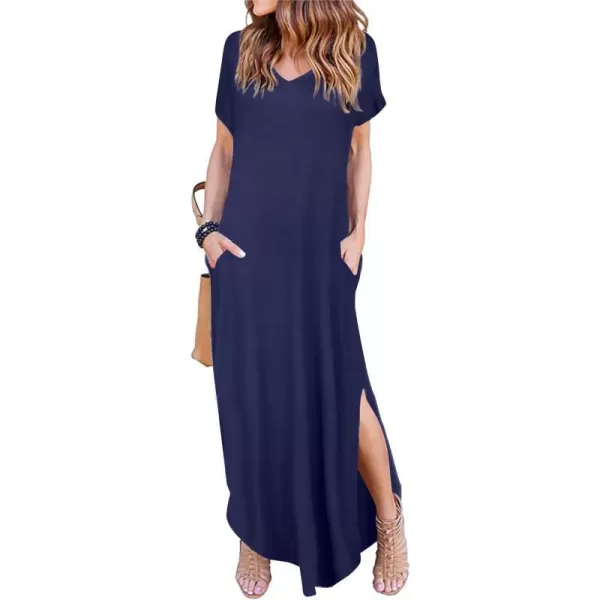 Arolina Womens Summer Maxi Dress Short Sleeve V Neck Casual Loose Long Beach Split Dresses with PocketsNavy Blue