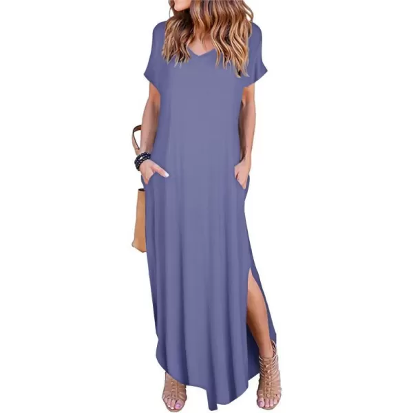 Arolina Womens Summer Maxi Dress Short Sleeve V Neck Casual Loose Long Beach Split Dresses with PocketsPurple Grey