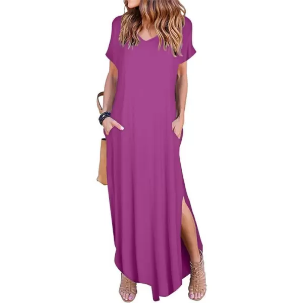 Arolina Womens Summer Maxi Dress Short Sleeve V Neck Casual Loose Long Beach Split Dresses with PocketsPurple Red