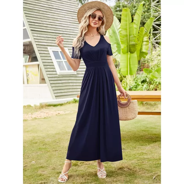 Arolina Cold Shoulder Maxi Dress for Women Summer V Neck Short Sleeve Casual Long Beach Dresses with PocketA Darkblue