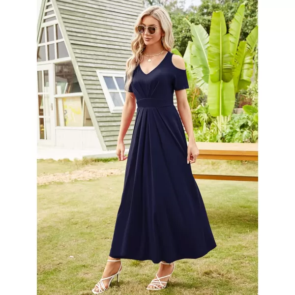 Arolina Cold Shoulder Maxi Dress for Women Summer V Neck Short Sleeve Casual Long Beach Dresses with PocketA Darkblue