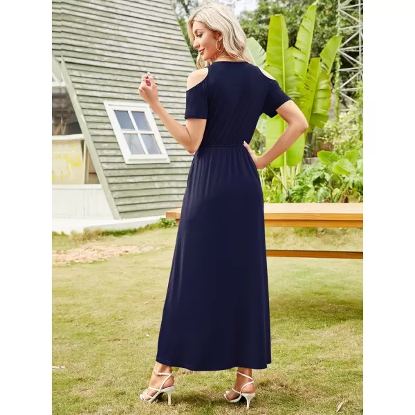 Arolina Cold Shoulder Maxi Dress for Women Summer V Neck Short Sleeve Casual Long Beach Dresses with PocketA Darkblue