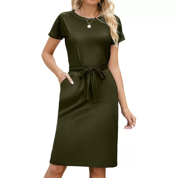 Arolina Womens Summer Casual Midi Dresses Striped Short Sleeve T Shirt Dress Crewneck Tie Waist with PocketsSolid Army Green