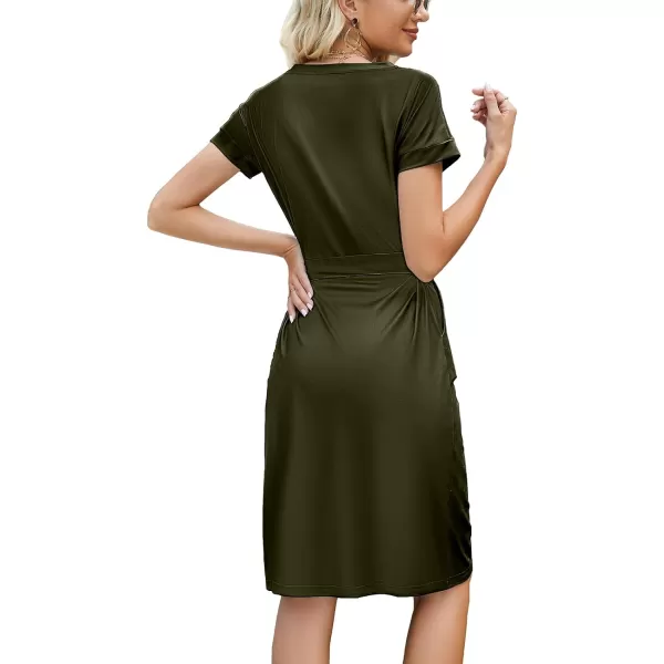 Arolina Womens Summer Casual Midi Dresses Striped Short Sleeve T Shirt Dress Crewneck Tie Waist with PocketsSolid Army Green