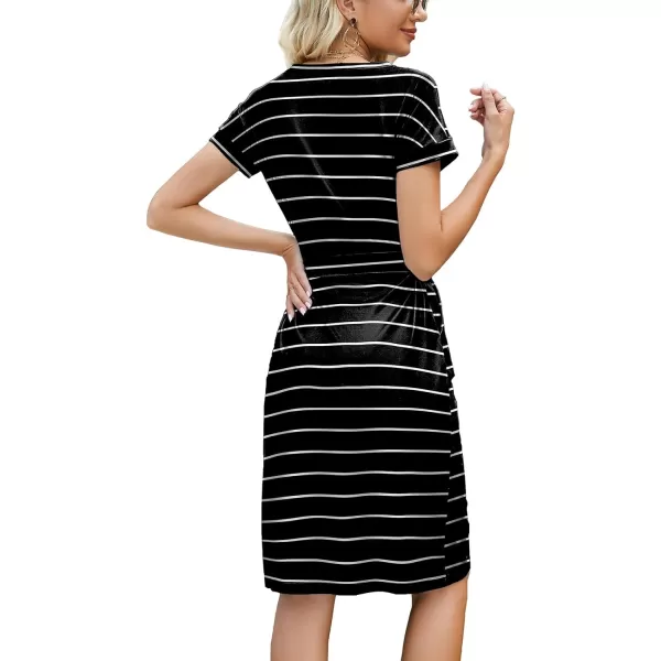 Arolina Womens Summer Casual Midi Dresses Striped Short Sleeve T Shirt Dress Crewneck Tie Waist with PocketsZ Blackstriped