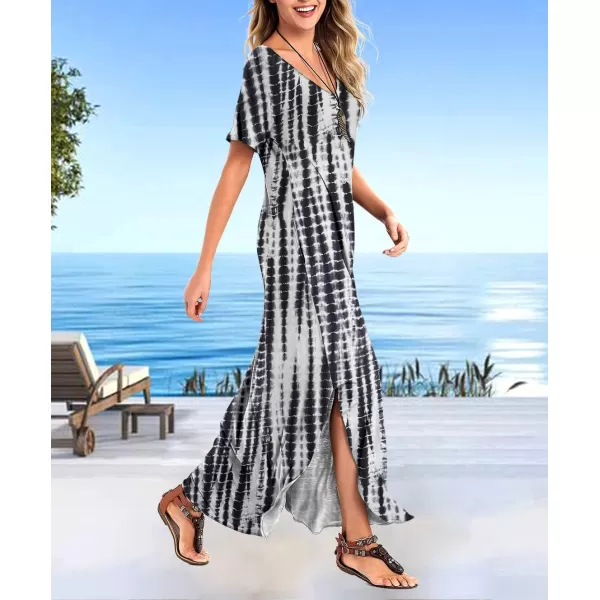 Arolina Womens Summer Maxi Dress Short Sleeve V Neck Casual Loose Long Beach Split Dresses with PocketsBlack Grey