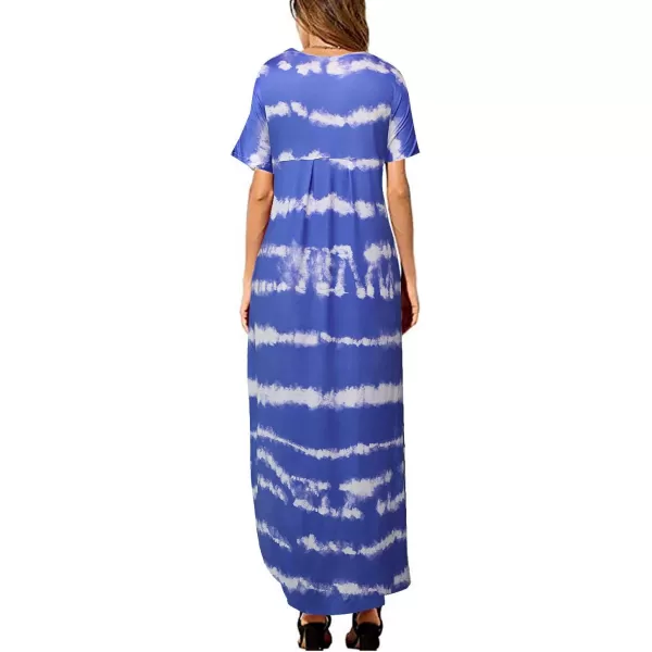 Arolina Womens Summer Maxi Dress Short Sleeve V Neck Casual Loose Long Beach Split Dresses with PocketsBlue Stripe