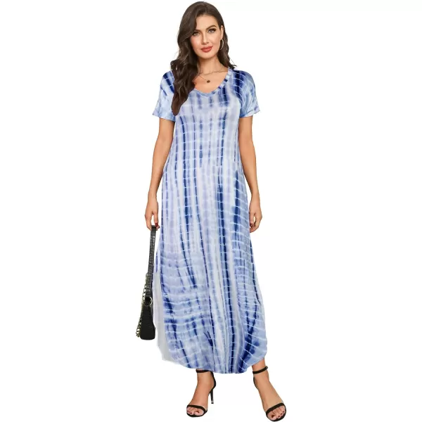 Arolina Womens Summer Maxi Dress Short Sleeve V Neck Casual Loose Long Beach Split Dresses with PocketsBlue Tie Dye