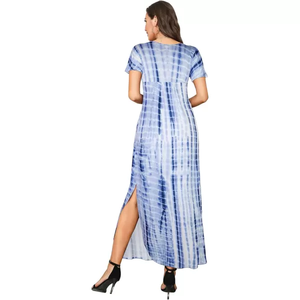 Arolina Womens Summer Maxi Dress Short Sleeve V Neck Casual Loose Long Beach Split Dresses with PocketsBlue Tie Dye