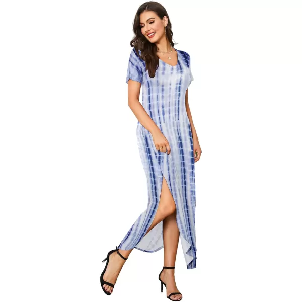 Arolina Womens Summer Maxi Dress Short Sleeve V Neck Casual Loose Long Beach Split Dresses with PocketsBlue Tie Dye