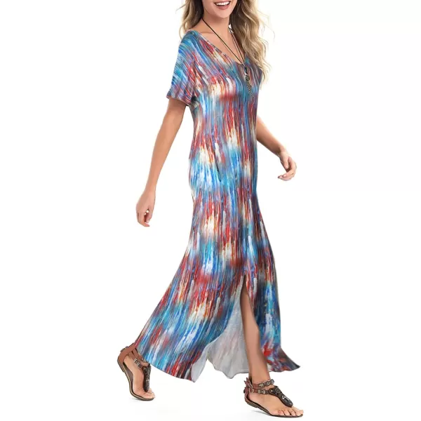 Arolina Womens Summer Maxi Dress Short Sleeve V Neck Casual Loose Long Beach Split Dresses with PocketsColorful Tie Dye