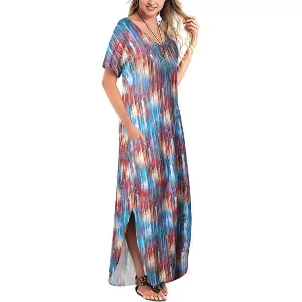 Arolina Womens Summer Maxi Dress Short Sleeve V Neck Casual Loose Long Beach Split Dresses with PocketsColorful Tie Dye