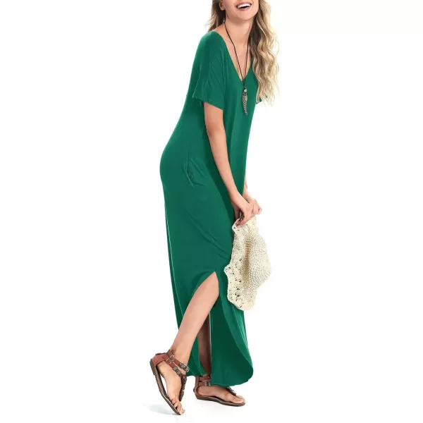 Arolina Womens Summer Maxi Dress Short Sleeve V Neck Casual Loose Long Beach Split Dresses with PocketsDark Green